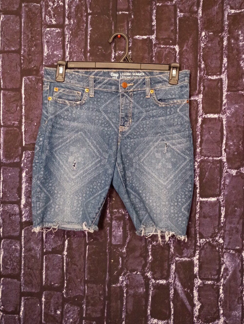 GAP Blue Printed Distressed Frayed Hem Jean Shorts Stretch Size 8